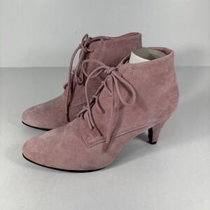 Dusty Rose Suede Lace Up Booties Pink Pointy Toe Low Heel Victorian Witchy 7